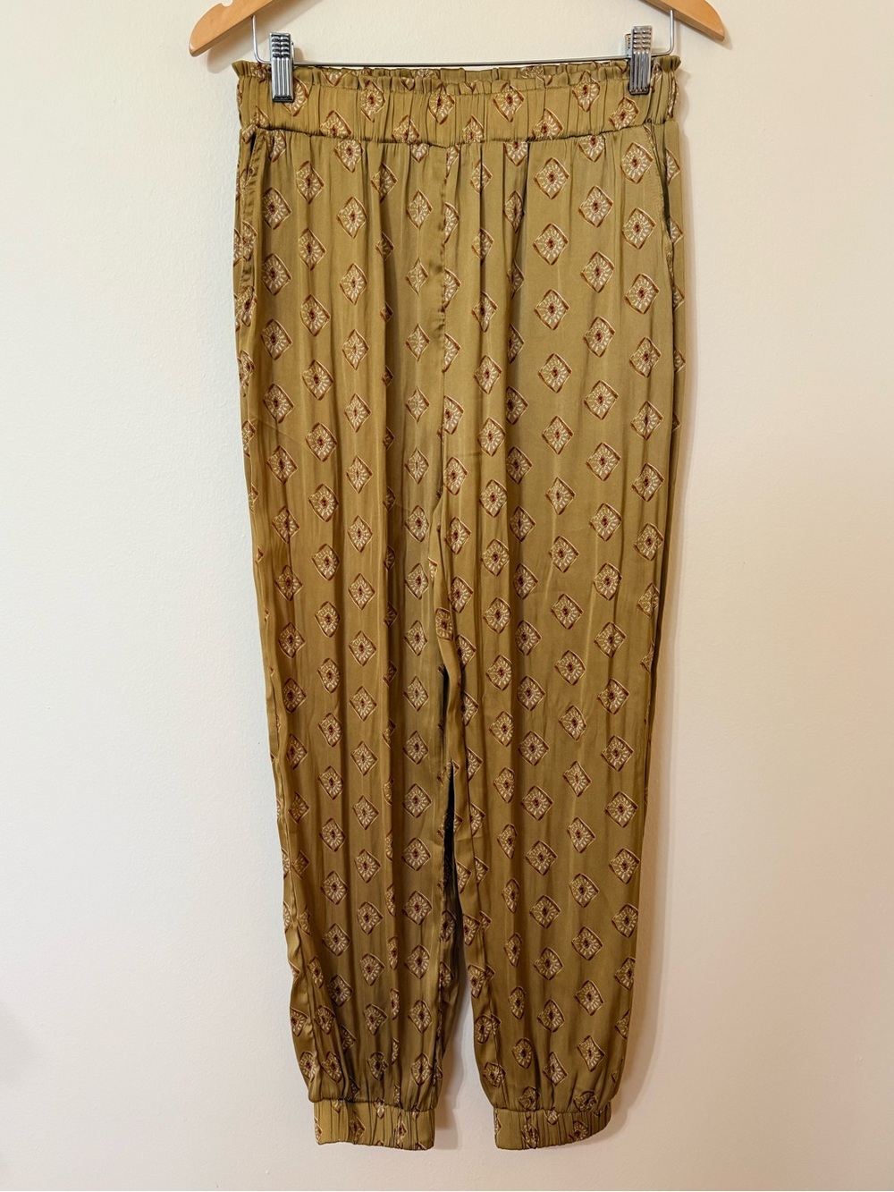 Grade & Gather Gold Geometric Print Satin Joggers with Elastic Waist